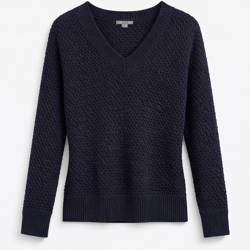 Vince Navy Waffle Knit V-Neck Sweater Size S | Textured Knit Pullover